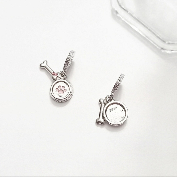 #62 Silver Pink Dog Puppy Bowl Bone Dangle Charm S925 - Picture 2 of 3